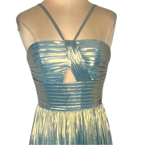 Stacees Sky Blue Gold Metallic Shimmer Floor Length gown with side slit size 2 - Picture 6 of 12